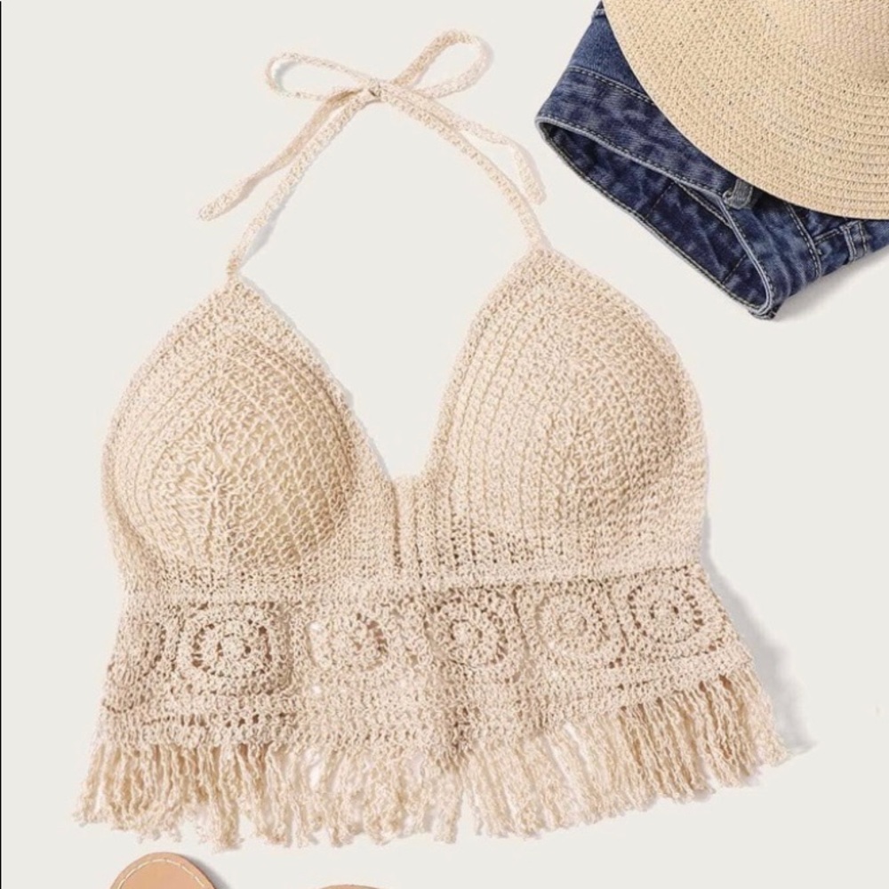 Fringe hem tie back crop Halter top